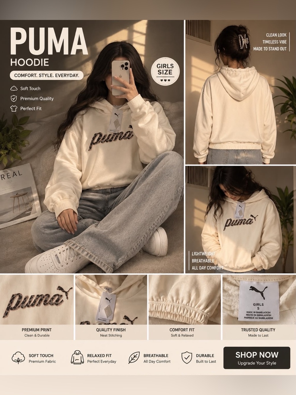 Puma Cream Girls' Hoodie with Script Logo
